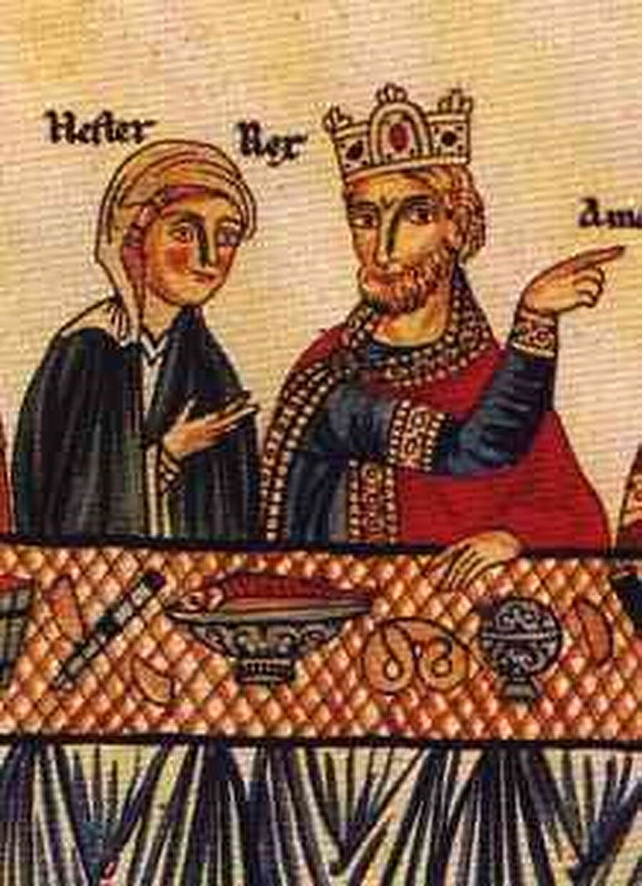 Kraliçe Ester ve Kral Ahasuerus'un bir ziyafetinde sofrada brezel. 12. yüzyıl, Hortus deliciarum.